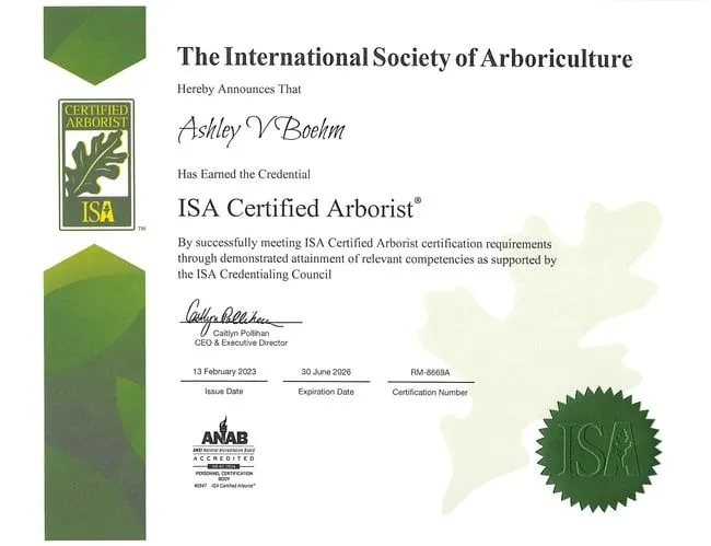 ISA Certified Arborist certificate issued to Ashley V. Boehm by the International Society of Arboriculture.