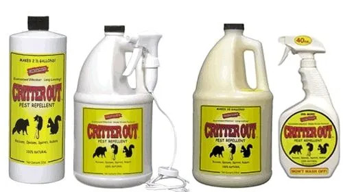 Four white bottles of Critter Out pest repellent, varying in size, with yellow labels featuring animal silhouettes.