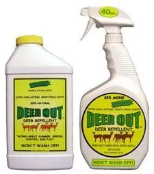 Two white bottles of Deer Out deer repellent, one a refill jug and one a 40oz trigger spray bottle, on a white background.