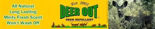 A Deer Out repellent banner featuring a deer, product branding, and key benefits like all-natural and minty fresh scent.