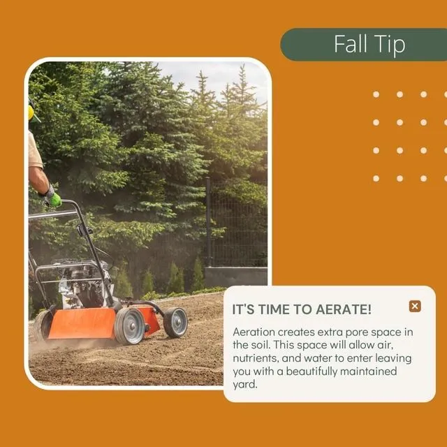 A person uses an orange lawn aerator on a dirt yard. A text box says: 