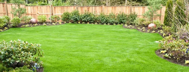 A lush green lawn surrounded by garden beds, shrubs, and trees, enclosed by a wooden fence in a backyard setting.