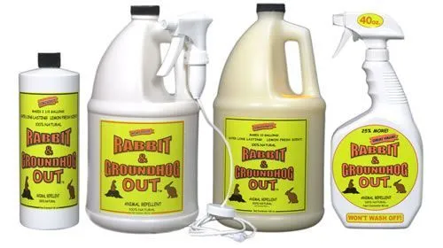 Four containers of Rabbit & Groundhog Out animal repellent in various sizes, ranging from a bottle to a spray bottle.